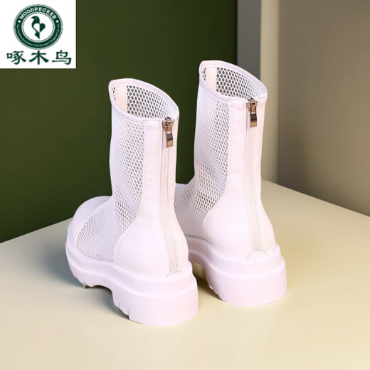 Boots de malla de cuero de cuero de carpintero de carpintería para mujeres en sandalias de medio tubo de verano tendencia blanca 35