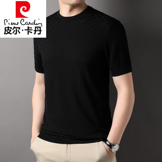 皮尔卡丹（pierre cardin）桑蚕丝棋盘格针织衫新款短袖t恤男半袖夏季圆领冰 丝纯色潮流男装 白色 YY-1391 L