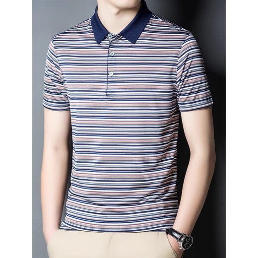 Seven Wolf (SW1960) Ice Seide T-Shirt Herren-Kurzärärmel-Sommer-Dünnstil Horizontal gestreiftes Oberteil Cool Silky Silky T-Shirt Polo Shirt SJ1503 rot 2xl 180 [155-170jin [Jin EqualS gib 0,5 kg]]