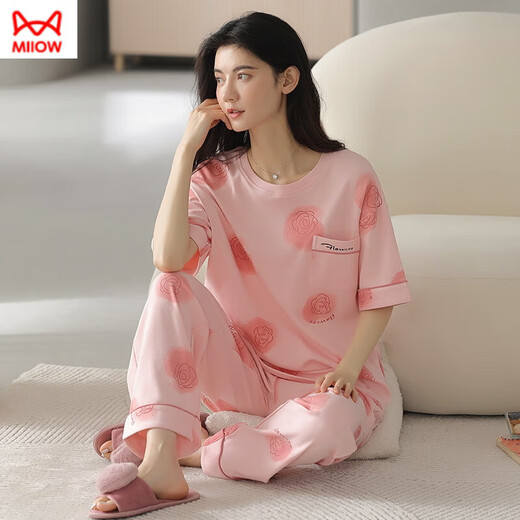 猫人（MiiOW）纯棉睡衣女短袖长裤夏季韩版女士圆领套装薄款全棉外穿家居服 RN9717#短袖长裤纯棉 M (80-100斤)