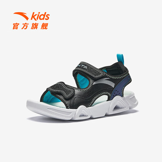 ANTA Children's Sandals Men's Big Children's Shoes 2025 Summer New Velcro Outdoor Open-Toe Soft Elastic Beach Shoes Black/Lake Blue-3 40