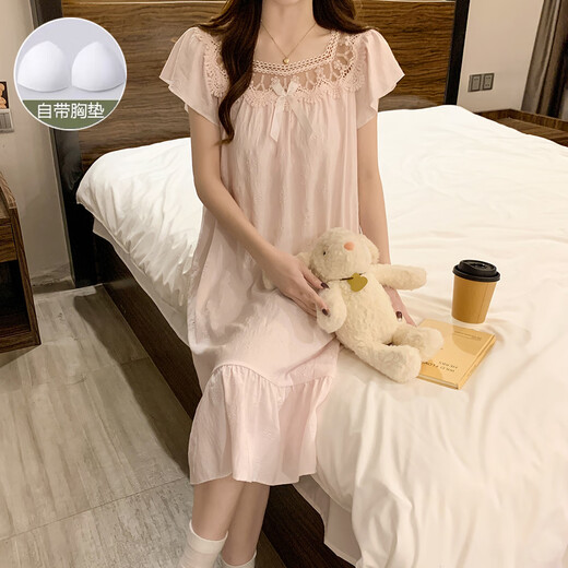 
Xiangyaxin summer chest pad short-sleeved nightgown for women woven cotton 2024 new summer sweet princess style home clothes pajama thin 9901-1 striped bear L