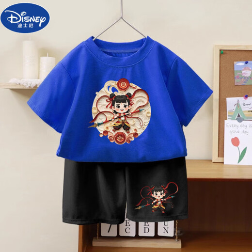 Disney Cotton Kurzärmel-Shorts Kinderanzug Nezha 2025 Sommer neuer Stil Herren- und Mädchen Sommer-T-Shirts mittel- und großer Kinderkleidung 1092# Ruck Pack T Wine Red + 1098# Black Shorts 100