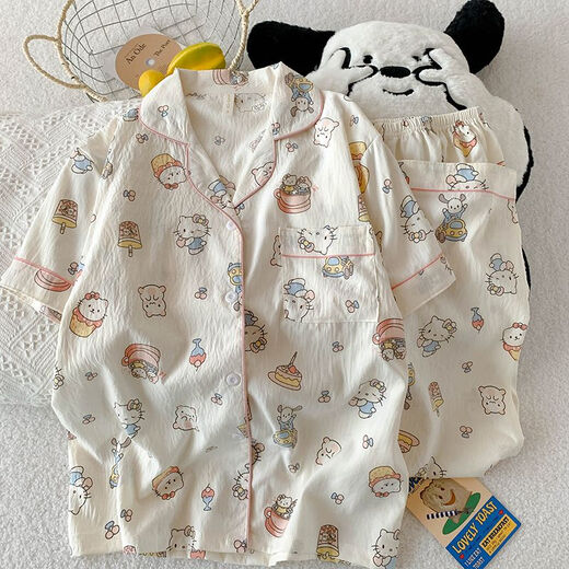 夏季短袖睡衣女薄款开衫三件套家居服新款可外穿卡通学生少女套装 9911浅杏蛋糕KT猫三件套 M
