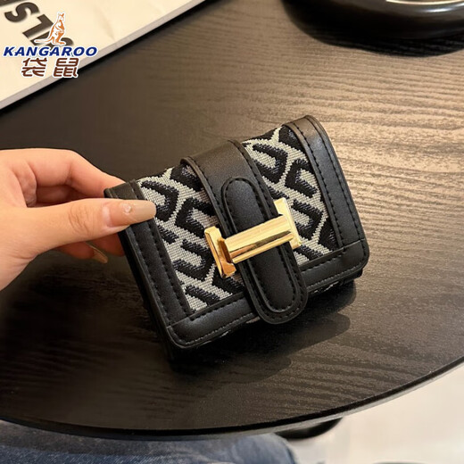 袋鼠（KANGAROO）小众帆布钱包女短款时尚复古流行感多卡位搭扣折叠长款手拿包 黑色短款