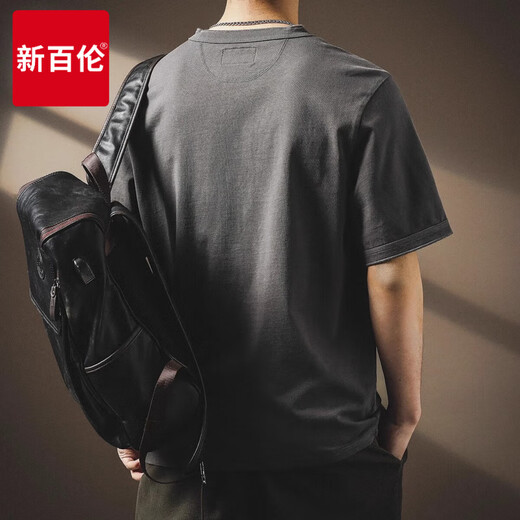 新百伦高端美式复古亨利领Polo衫男夏季潮牌宽松体恤纯棉重磅短袖T恤男 灰色 L 适合130-150斤