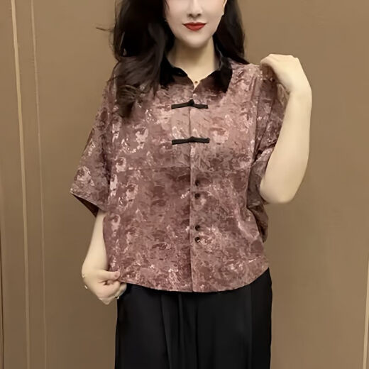 瓷袖广东普宁衬衫女2025新款中老年洋气中国风印花polo领中年妈妈夏季 银色-6636 L 建议95-105斤