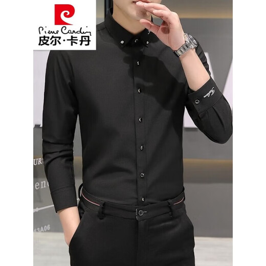 Pierre Cardin Spring y Autumn White White White Camiseta para hombres de manga larga para hombres Casual 2025 Nuevo bordado de pulgadas negras CS829 Negro L 100-115Jin [Jin equivale a 0.5 kg]