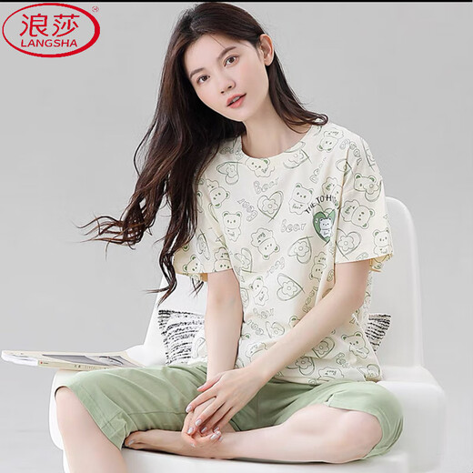 浪莎（LangSha）睡衣女夏季薄款短袖七分裤2025年新款休闲舒适女士家居服两件套装 7029# L 【推荐95-115斤】