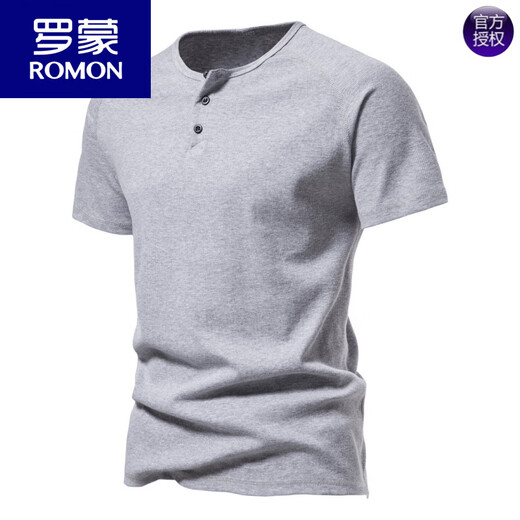罗蒙（ROMON）欧美简约亨利领短袖T恤男复古纯棉运动健身打底衫个性弹力体恤潮 浅灰色 2XL 【150-160斤】