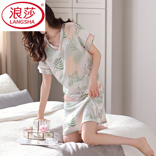 Langsha (Langsha) Eisseide Nachthemd für Frauen Sommer kurzärmeligte Mitte der Altpyjamas Dünne Sommer-Frauen-Imitation Seidenkleid weiße M9923 [kurzärmelige/brustlose Pad] M 160
