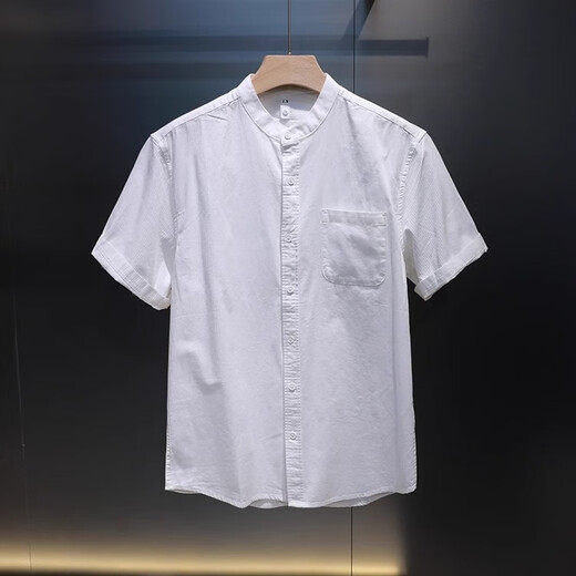 Chenhao summer ice silk cool cotton and linen light luxury style Henry collar short shirt trendy men's dark pattern Korean style no-iron handsome short shirt white XL suitable for 130-150Jin Jin is equal to 0.5 kg