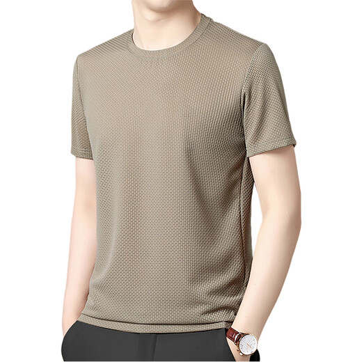 GY Men's Short Sleeve T-shirt 2025 Summer Ice Silk Round Neck Iron No-Secret Top Middle-aged and Elderly Daddy Outfit 6172+Khaki M