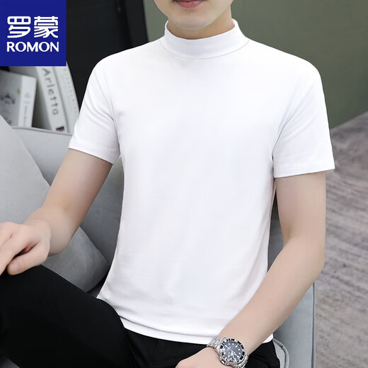 ROMON men's half-high collar short-sleeved T-shirt spring and autumn new cotton slim-fit stand-up collar solid color mid-collar half-sleeved bottoming top black XL 130-145Jin Jin equals 0.5 kg