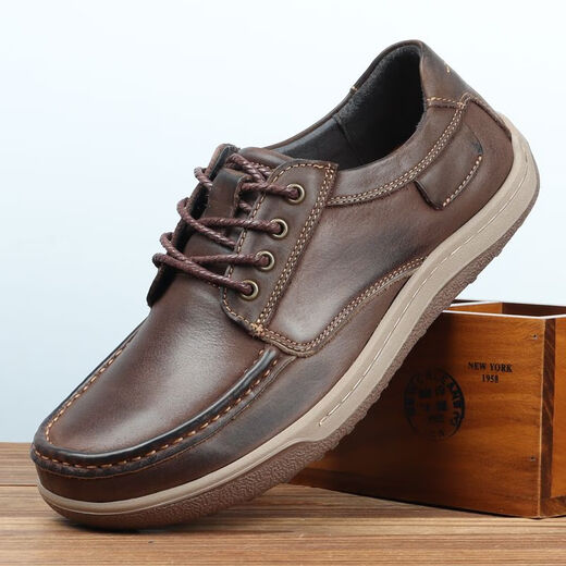 Goldlion GY casual leather shoes for men genuine leather breathable wide-head retro 2025 new anti-slip nubuck leather retro hand-rubbed coffee color 42