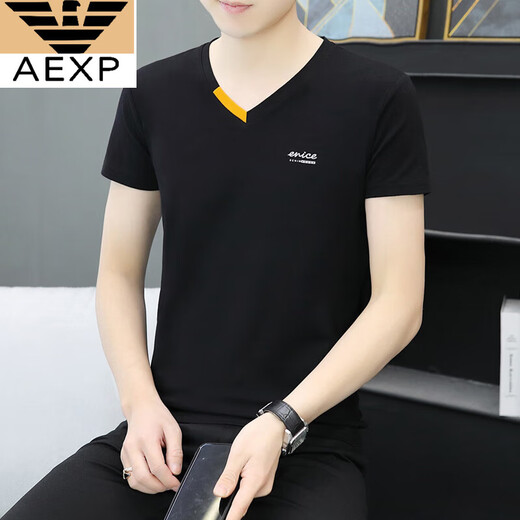 AEXP 7高端品牌夏季新款男士纯棉V领半袖T恤潮流休闲小字母印花鸡心领短 691白色 M 90-100斤