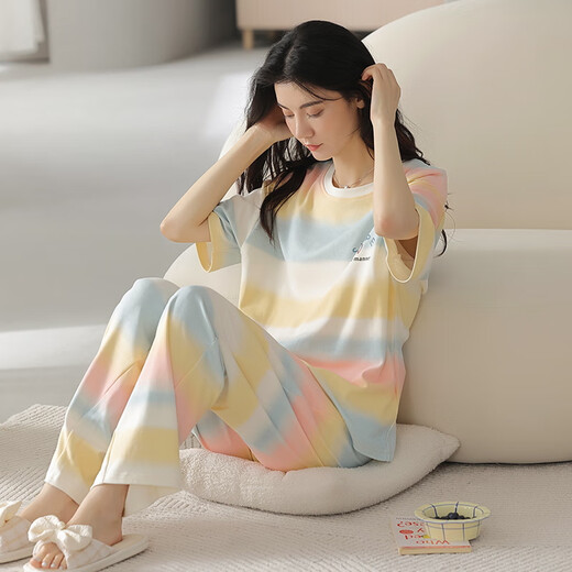 夏季女士短袖睡衣套装纯棉长裤家居服全棉可外穿夏天条纹卡通 Y9720 M (建议75-95斤)