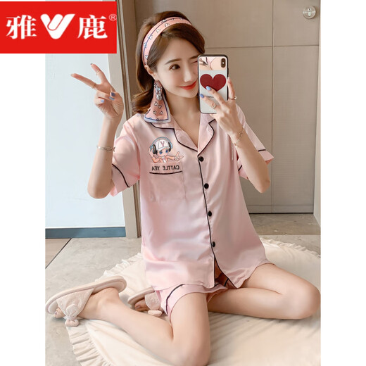 雅鹿睡衣女冰丝短袖薄款家居服网红2024年新大码夏天套装 GN-双短 9207 M 建议80-100斤)