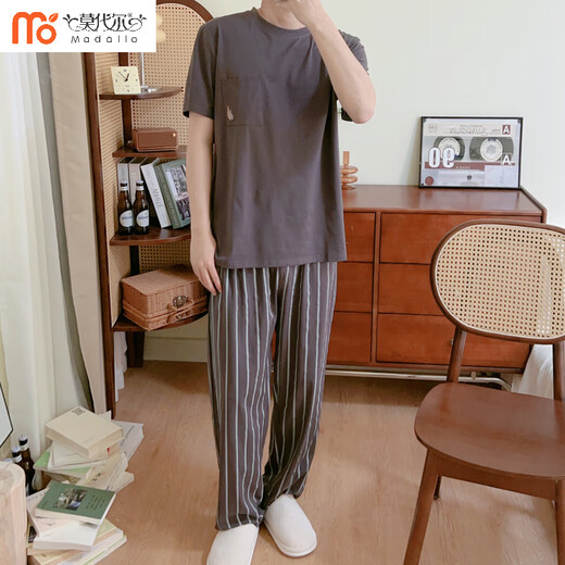 莫代尔感睡衣男春夏季短袖长裤纯色棉凉感爽棉春秋家居服两件套中青年 DM-12014瓶子口袋 L