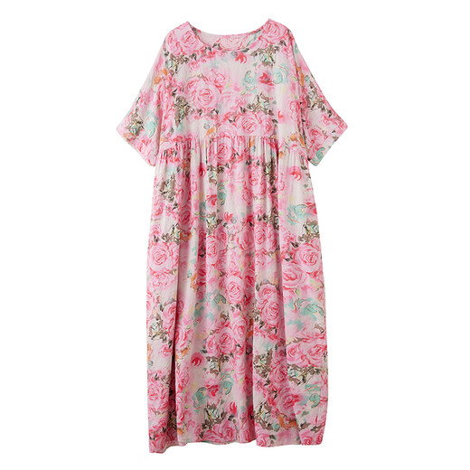 Jiandang grande taille Vêtements féminins Fat MM printemps et été ronde ronde Impression littéraire de style bohème robe longue robe longue 16836 rose unique [200jin [Jin est égal à 0,5 kg] ci-dessous]