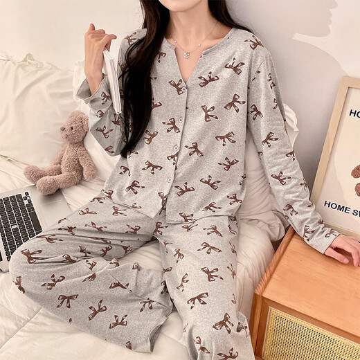 Ziwei Qifeng bow suspender pajamas for women with chest pad three-piece collar cardigan jacket long-sleeved home clothing set 13803 black three-piece set with chest pad 170 M suggestion 80-100