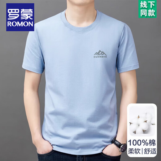 Camiseta de algodón corto de algodón puro de Romon para tapa de mimbre-manga de cuello redondo de moda para hombres para una camiseta fresca casual delgada de verano para hombres t cortos. Sleeve Mountain Peak 9929 Black M 165 sugiere 90-120Jin [Jin es igual a 0,5 kg]