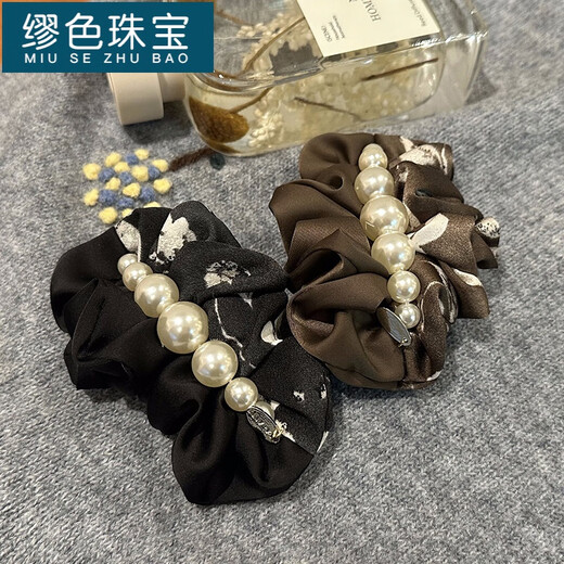 缪色（MiU Se）2025年春夏新款新中式感晕染复古优雅珍珠褶皱顶夹一字弹簧夹 4839-1-黑色珍珠弹簧夹