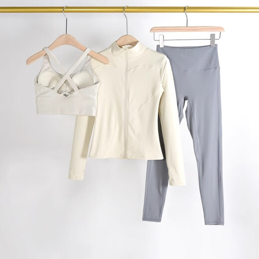 Zailu stand-up collar yoga clothes for women, tight-fitting slimming waist sports tops, running training, Pilates fitness jackets, cycling clothes, milk coffee color + khaki pants S S