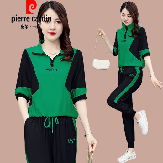 Pierre Cardin Ice Silk Casual Anzug für Frauen 2025 SOMMER NEW LOSS LOOSS Großversion Frauen modische altersreduzierende kurzärmelige Sportbekleidung (684) Weiße M (Empfohlen 100 Jin [Jin gleich 0,5 kg] oder weniger)
