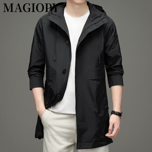 MAGIOPY high-end brand men's high-end fashion mid-length hooded windbreaker men's 2025 spring and autumn new style black M 170