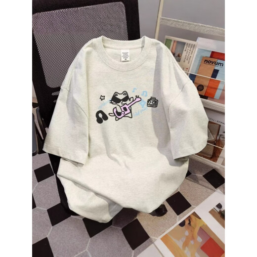 COLORFUL GEMS重磅圆领白色猫咪印花短袖恤男女夏季潮美式情侣宽松五分袖上衣 1416白灰色 2XL