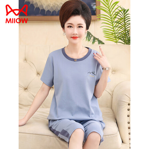 
Catman (MiiOW) pajamas for women in summer pure cotton short-sleeved cropped pants middle-aged and elderly mothers for summer round neck cardigan plus size home clothing 6626# [cardigan style] XL [Suggested 120-140Jin [Jin equals 0.5 kg]]
