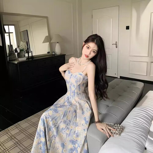 FOX.G碎花吊带连衣裙女裙子2025夏季纯欲气质海边度假新品长裙子两件套 蓝色油画碎花连衣裙两件套 M 【建议105斤以内】