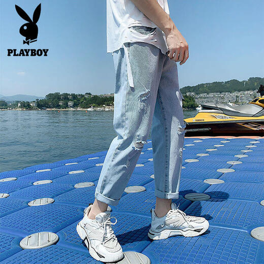 花花公子（PLAYBOY）裤子男学生韩版潮流破洞牛仔裤男宽松直筒夏季薄款九分裤秋季男裤 679/破洞款c M 【收藏优先发货】
