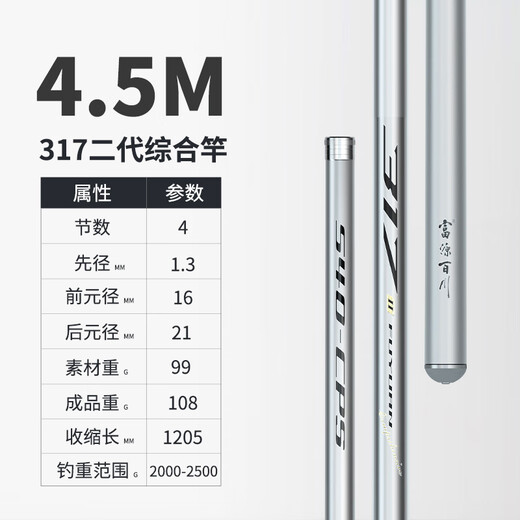 
Fuyuan Baichuan 317 second generation integrated fishing rod crucian carp rod carp platform fishing hand rod fishing rod carbon ultralight super hard fishing rod 4.5m