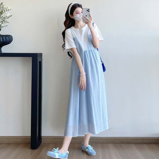 Ailantante 2025 Summer Nuevo francés Fresh Sweet Embaregant Vestido empalmado Dos faldas de suspensión de rodilla suelta azul 9889# XL recomendado 130-145Jin [Jin equivale a 0.5 kg]