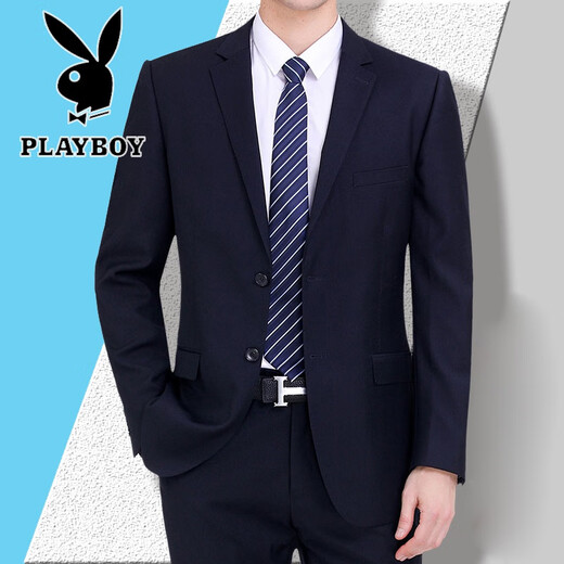 Playboy (PLAYBOY) high-end wool suit suit for young and middle-aged men, complete set of non-iron business suit, groom style, professional and casual formal suit, navy blue two-button single suit L 170 size