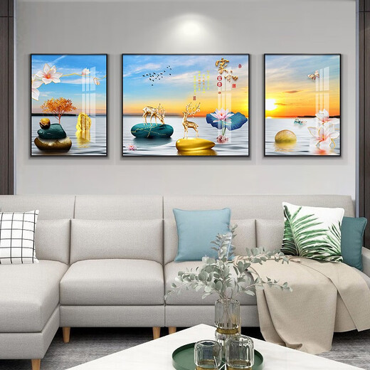 桐迪现代简约客厅装饰画沙发背景墙壁画新中式一帆风顺挂画大厅墙上画 9 家和富贵15686  烤瓷镶钻中间140*90边70*90黑框
