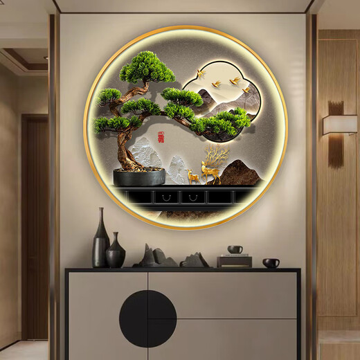 
TURBOSUN Welcome Pine Living Room Decoration Painting TV Sofa Background Wall Welcome Pine New Chinese Style Entrance Entrance Decoration Painting Round TB1391 Diameter 40CM [Aluminum Alloy Picture Frame] + Light Luxury Gold Insert 1