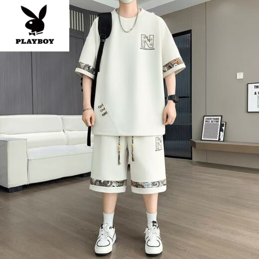 Playboy (Playboy) 2025 SOMMER NEUER KOMPLEGELEEVED JUGENDE TRENDY LOARKE SIZE Casual Sports Anzug für Männer Mode vielseitige zweiteilige Set [Sommeranzug] 6195 Black XL 130-150Jin [Jin ist gleich 0,5 kg]