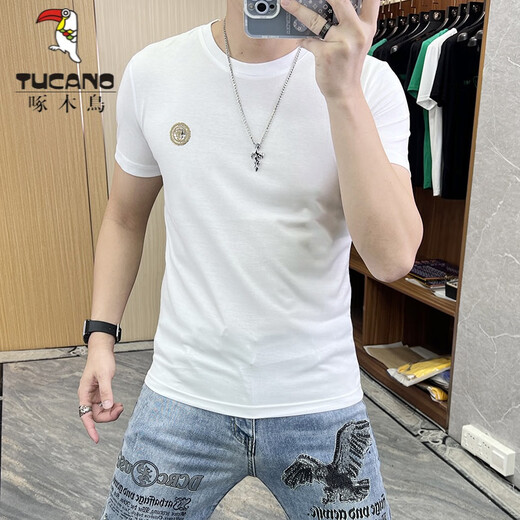 啄木鸟（TUCANO）t恤男士2025夏季新款短袖T恤男修身个性刺绣烫钻欧货丝光棉体恤男 724闪电R白色 5XL