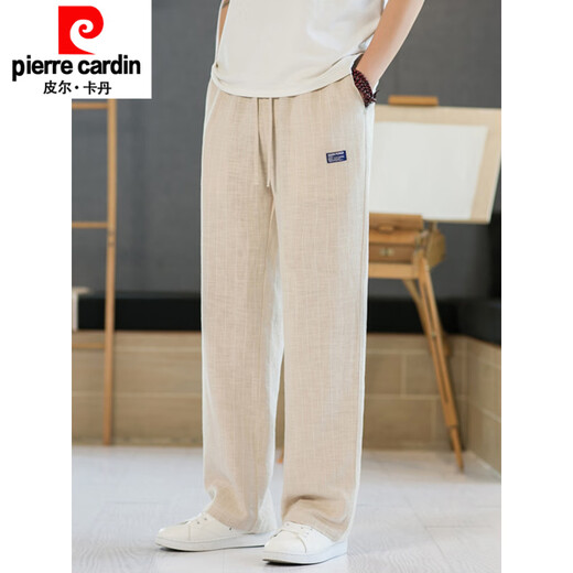 皮尔卡丹（pierre cardin）条纹裤男中国风复古宽松直筒裤夏季薄款棉质料裤子男士休闲裤针织 麻色 M 100-120斤