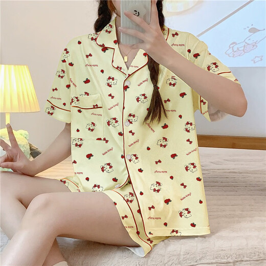 Langsha (Langsha) Katie Cat Summer Pyjama Fraueneiseice Seiden Shorts Shorts Cartoon süße lose Studentin Revers Home Kleidung KK-14101# M empfohlen 80-100jin [Jin gleich 0,5 kg]