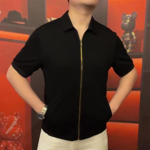 尔煦天骏百货男翻领开衫拉链款短袖商务休闲休闲百搭高品质半袖OP3889 黑色 M 48 (100-125斤)
