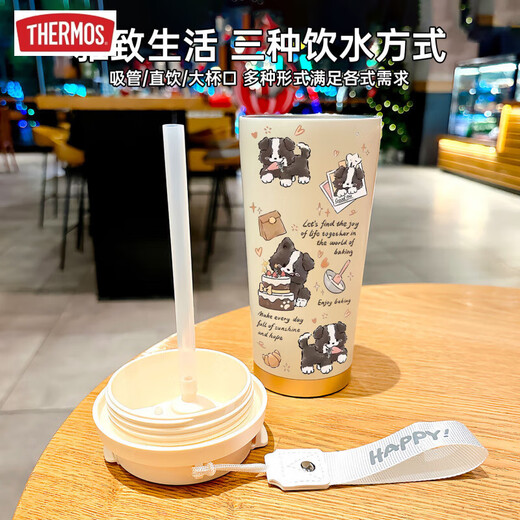 膳魔师（THERMOS）开心小狗保温杯不锈钢学生专用咖啡杯手拎便携新款男女水杯高颜值 DX1047蝴蝶结墨猫+配挂绳 陶瓷内胆
