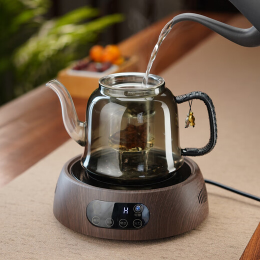 Full heat-resistant glass cooking one-piece lifting kettle tea kettle electric ceramic stove tea set around the stove to make tea household kung fu tea set ink Pisces kettle gray + Kangmi wood grain ceramic stove