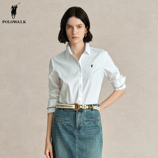 POLOWALK pure cotton white shirt for women 2025 autumn new style Paul women's commuter solid color long-sleeved shirt classic horse logo white new L (165)