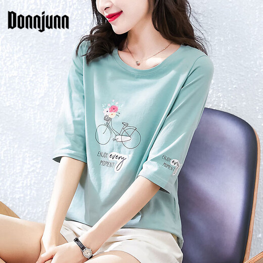 Donnjunn2025 Neuer Frühling und Herbst reines Baumwoll-T-Shirt für das 700-viertel-Hülsen für Frauen mit mittlerem Ärgernis für Frauen kurzärmeliges Sommer-Top W6172 ICE Blue Mid-Ärmeln M (Empfohlen 80-105jin [Jin gleich 0,5 kg]))