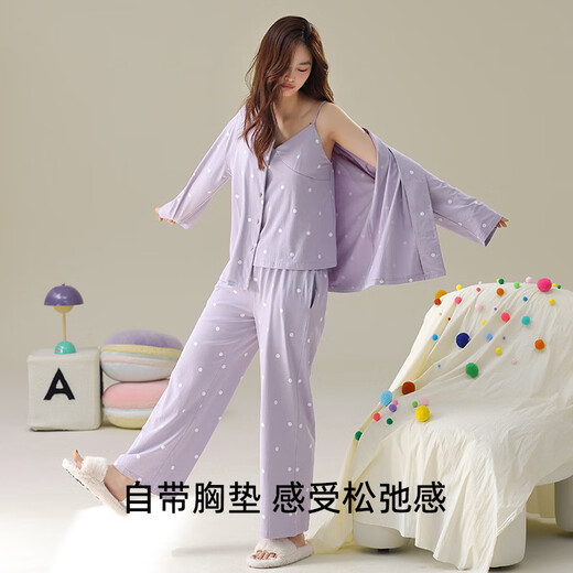 Alle Klassen-A-Baumwoll-Ära Drei-teilige Feder- und Herbst-Pyjamas mit Brustpolster für Frauen Langärmele Baumwollhaus-Einschränkung Klimaanlage 3E3271 Bud Yellow M [7A Antibakterielle Xinjiang-Baumwolle]