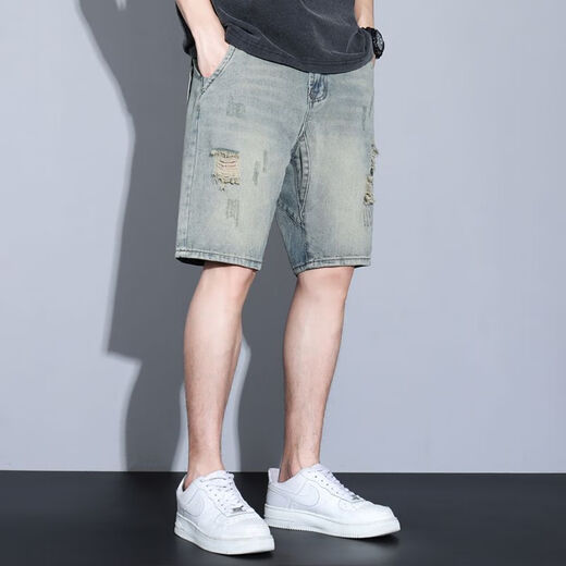 常缕竺潮流破洞牛仔五分裤男宽松阔腿大码休闲中裤子复古风直筒夏季短裤 2ZC719蓝色 28 适90-110斤